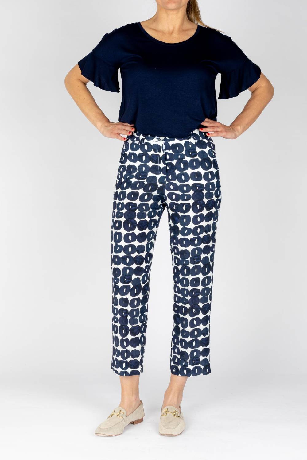 L.Pucci Pantaloni colore blu gamba larga tessuto viscosa stampa cerchio Soddisfazione Garantita