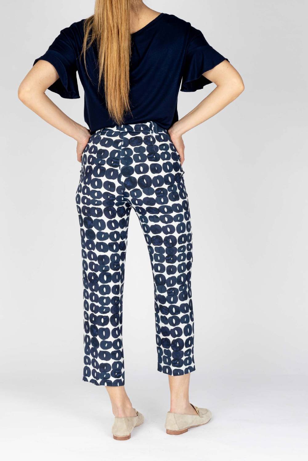 L.Pucci Pantaloni colore blu gamba larga tessuto viscosa stampa cerchio Soddisfazione Garantita
