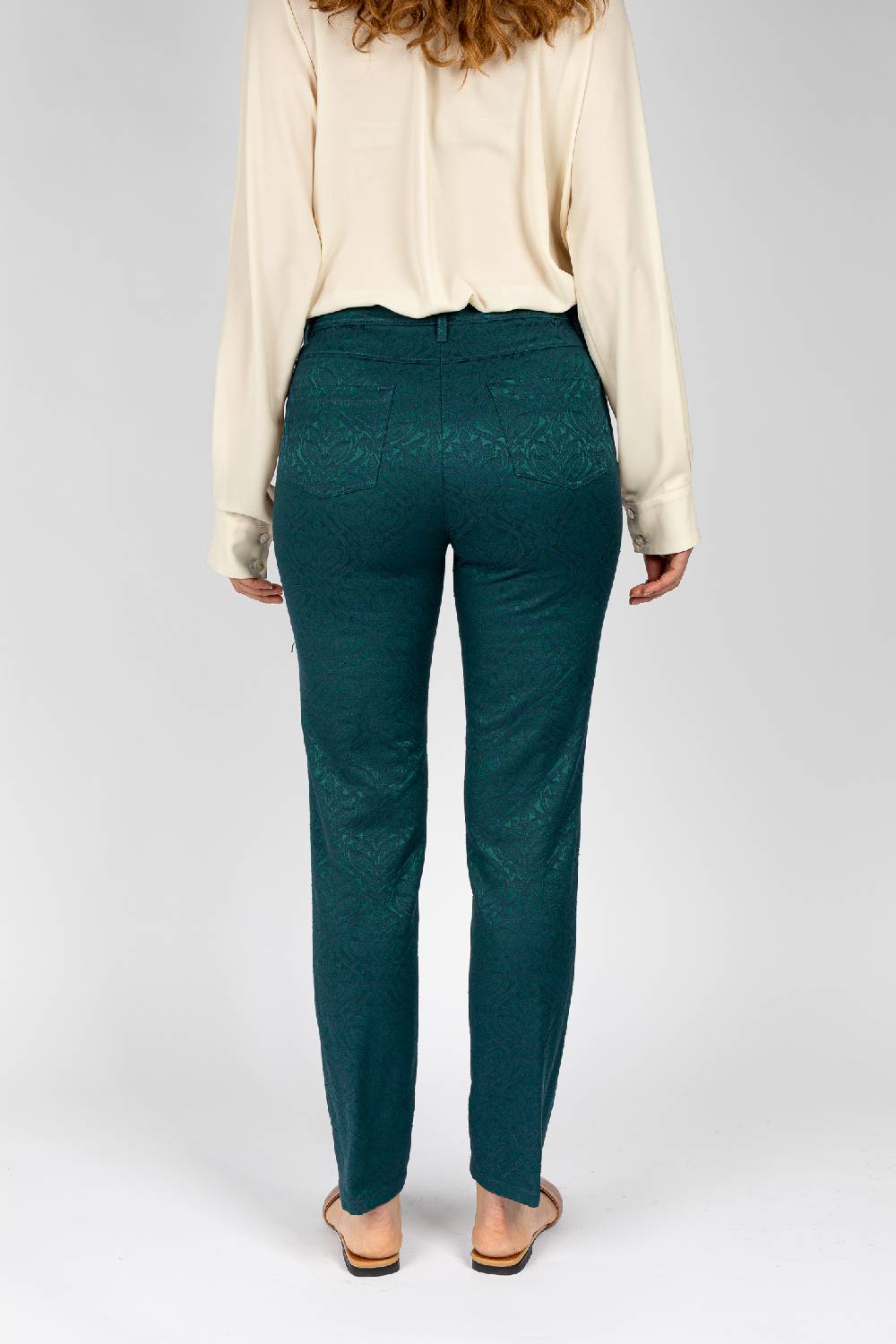 L.Pucci Pantaloni disegno fiore colore verde, linea Jeans tessuto jacquard Presa