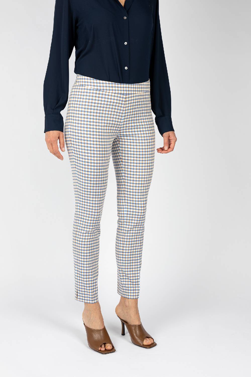 L.Pucci Pantaloni tessuto disegno quadretto colore celeste, linea a sigaretta Online