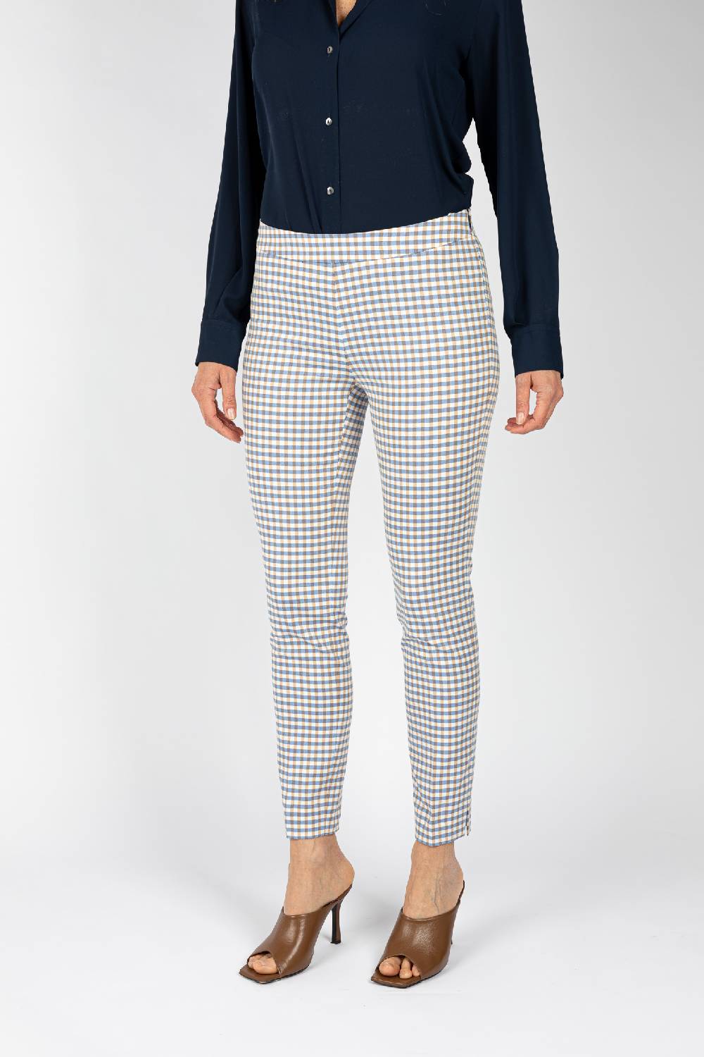 L.Pucci Pantaloni tessuto disegno quadretto colore celeste, linea a sigaretta Online