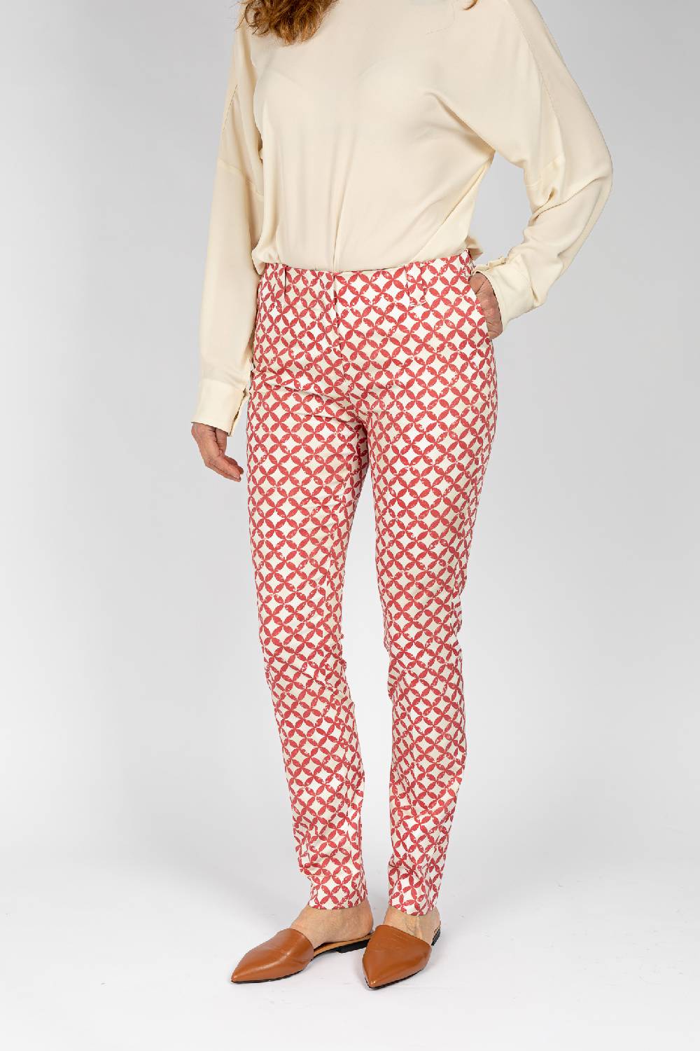 L.Pucci Pantaloni tessuto fantasia a cerchi rosso, gamba regolare Saldi Di Fabbrica
