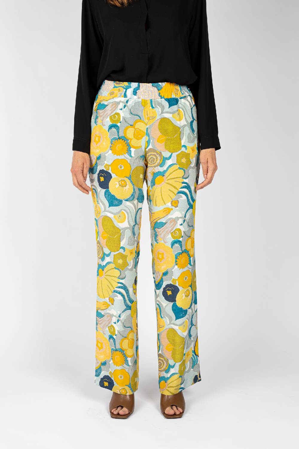 L.Pucci Pantaloni stampati disegno fiori sul giallo linea morbida da donna Shopping Online
