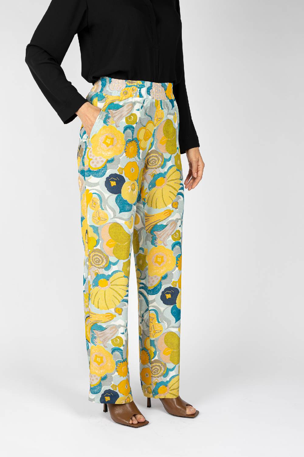 L.Pucci Pantaloni stampati disegno fiori sul giallo linea morbida da donna Shopping Online