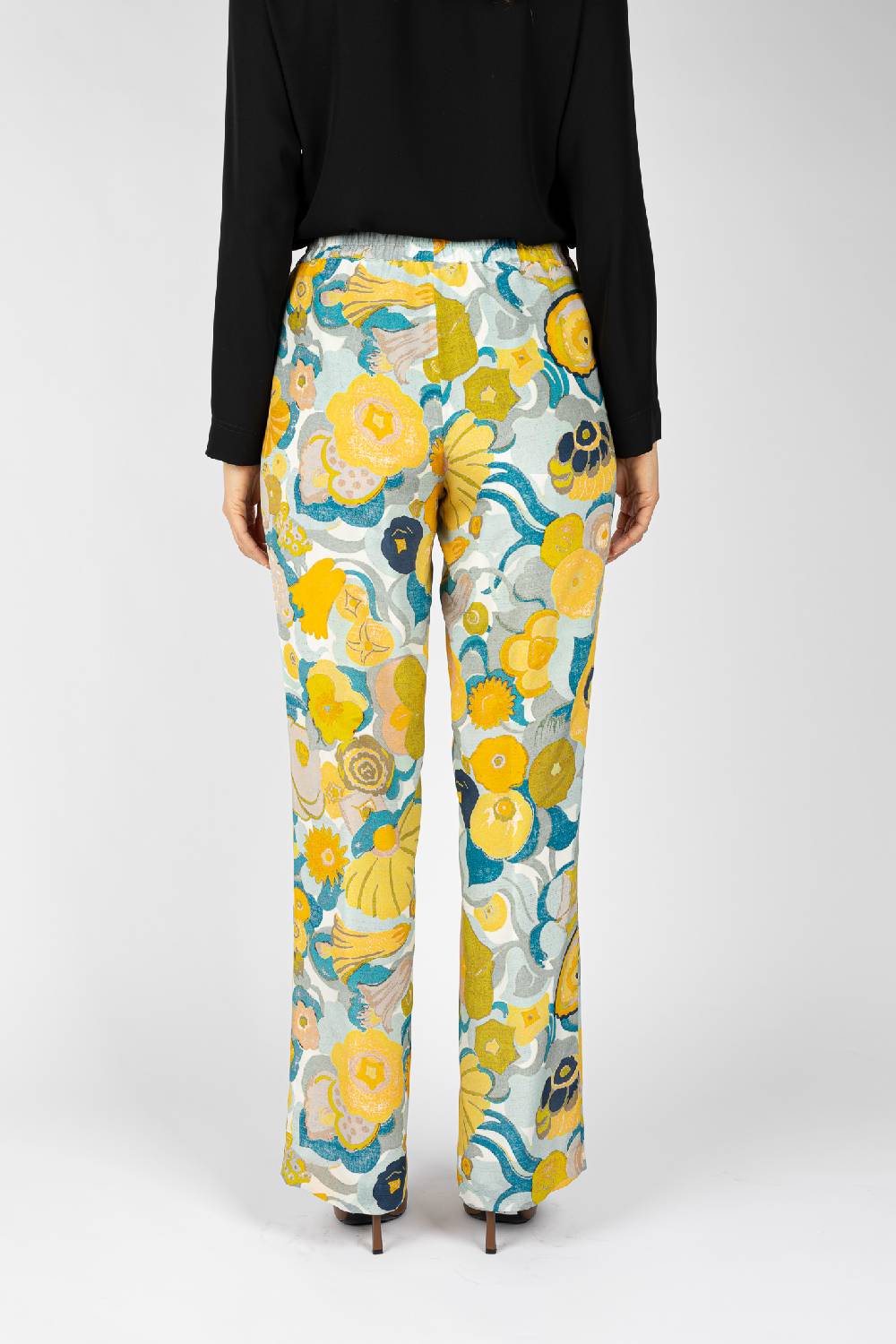 L.Pucci Pantaloni stampati disegno fiori sul giallo linea morbida da donna Shopping Online