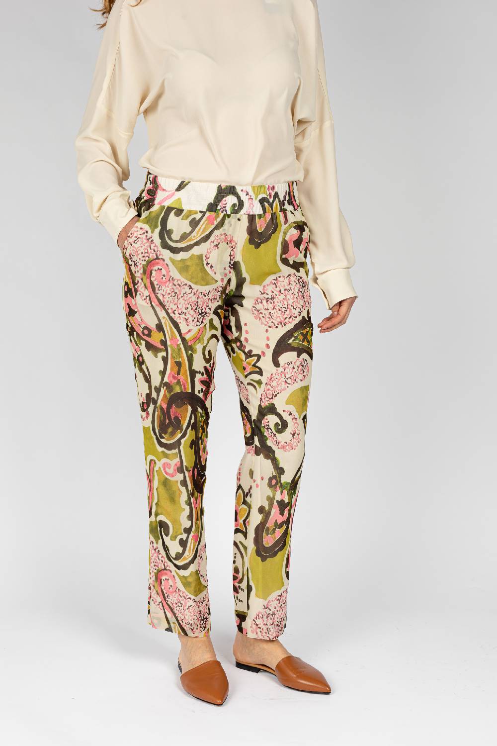 L.Pucci Pantaloni stampati disegni cachemire beige verdi linea morbida da donna Affare Del Giorno