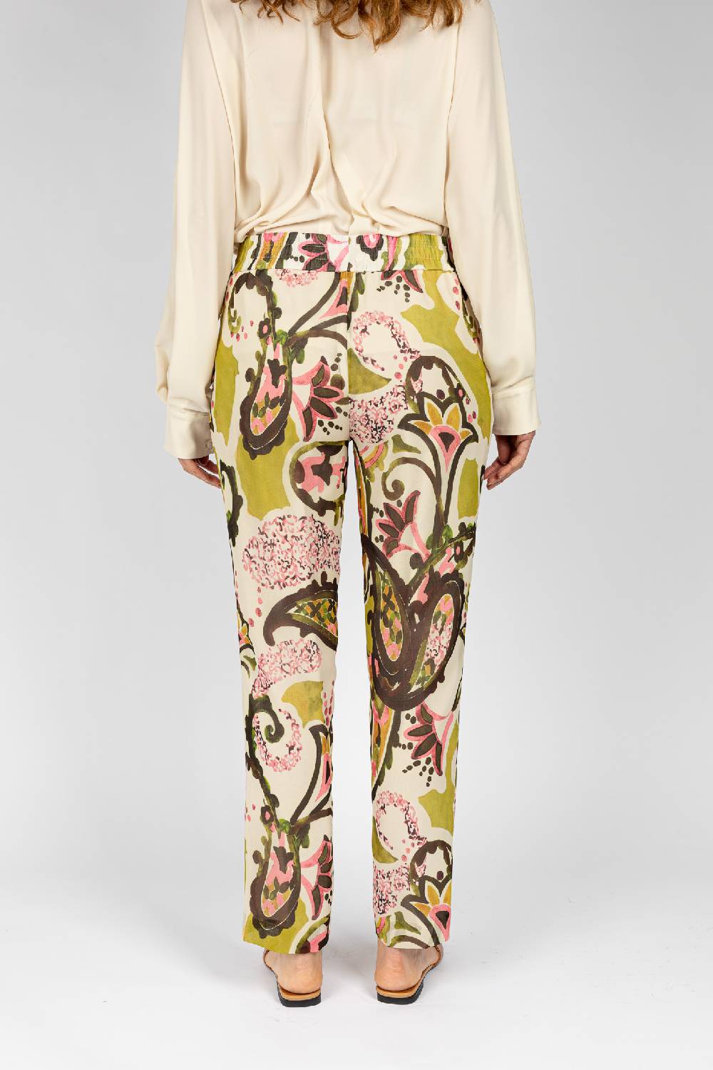L.Pucci Pantaloni stampati disegni cachemire beige verdi linea morbida da donna Affare Del Giorno