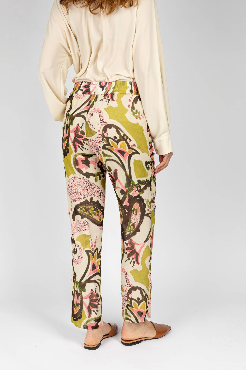 L.Pucci Pantaloni stampati disegni cachemire beige verdi linea morbida da donna Affare Del Giorno