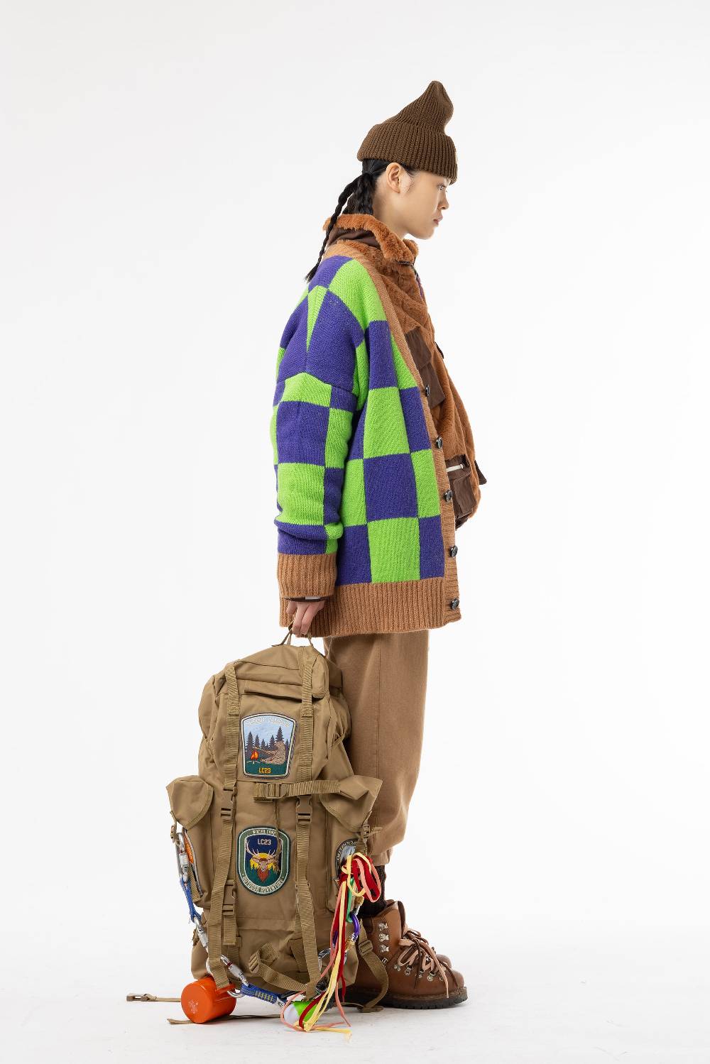 Lc23 Checkered Cardigan Green/Camel/Purple Offerta