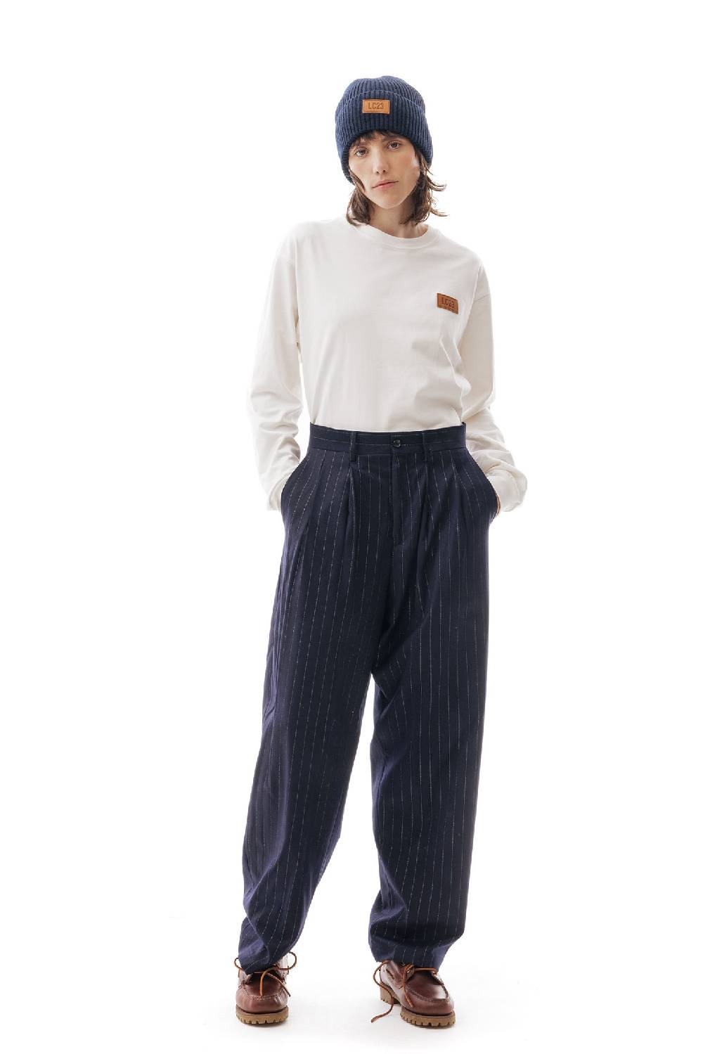 Lc23 Gessato Double Pence Trousers Navy Vendita Economica