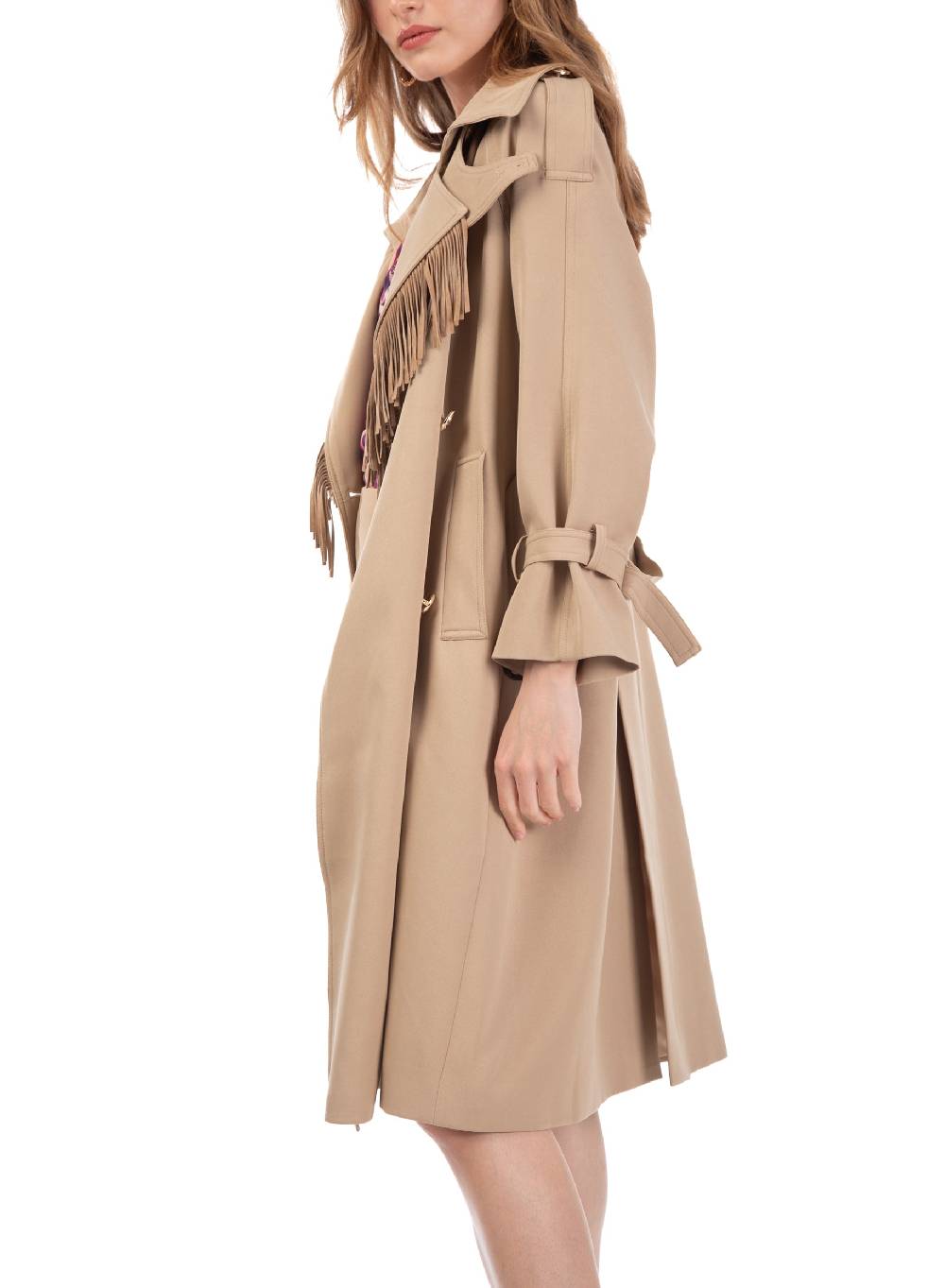 ﻿Le Volière Trench beige con frange in suede Nuova