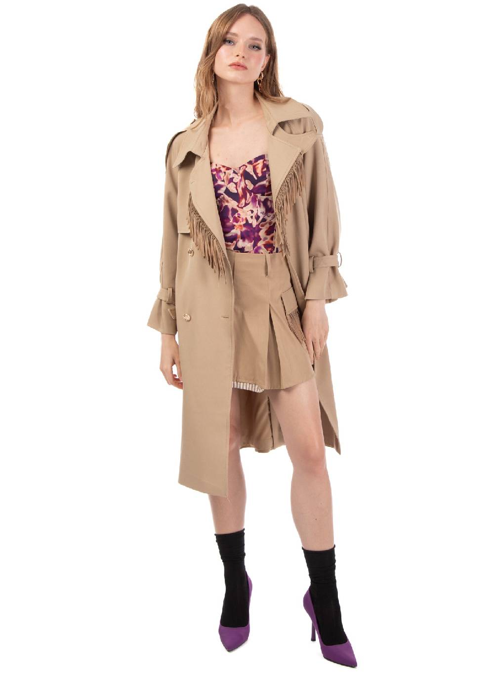 ﻿Le Volière Trench beige con frange in suede Nuova