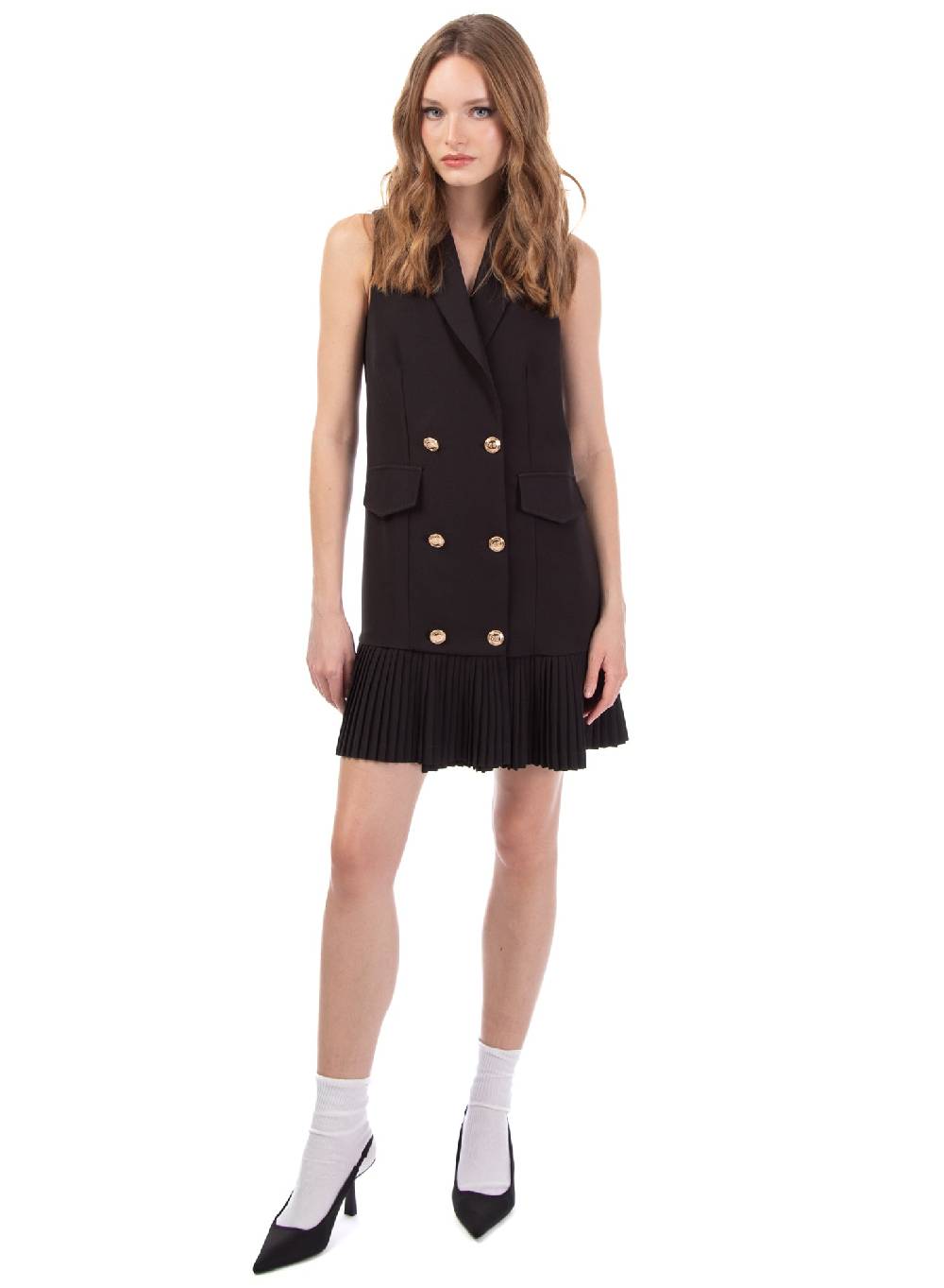 Le Volière Vestito blazer smanicato beige o nero con plissè Italy
