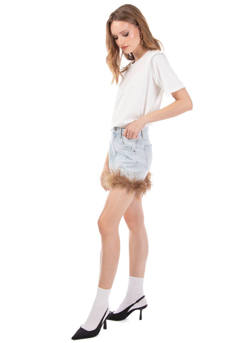 Le Volière Gonna in denim con piume beige Pezzi Unici