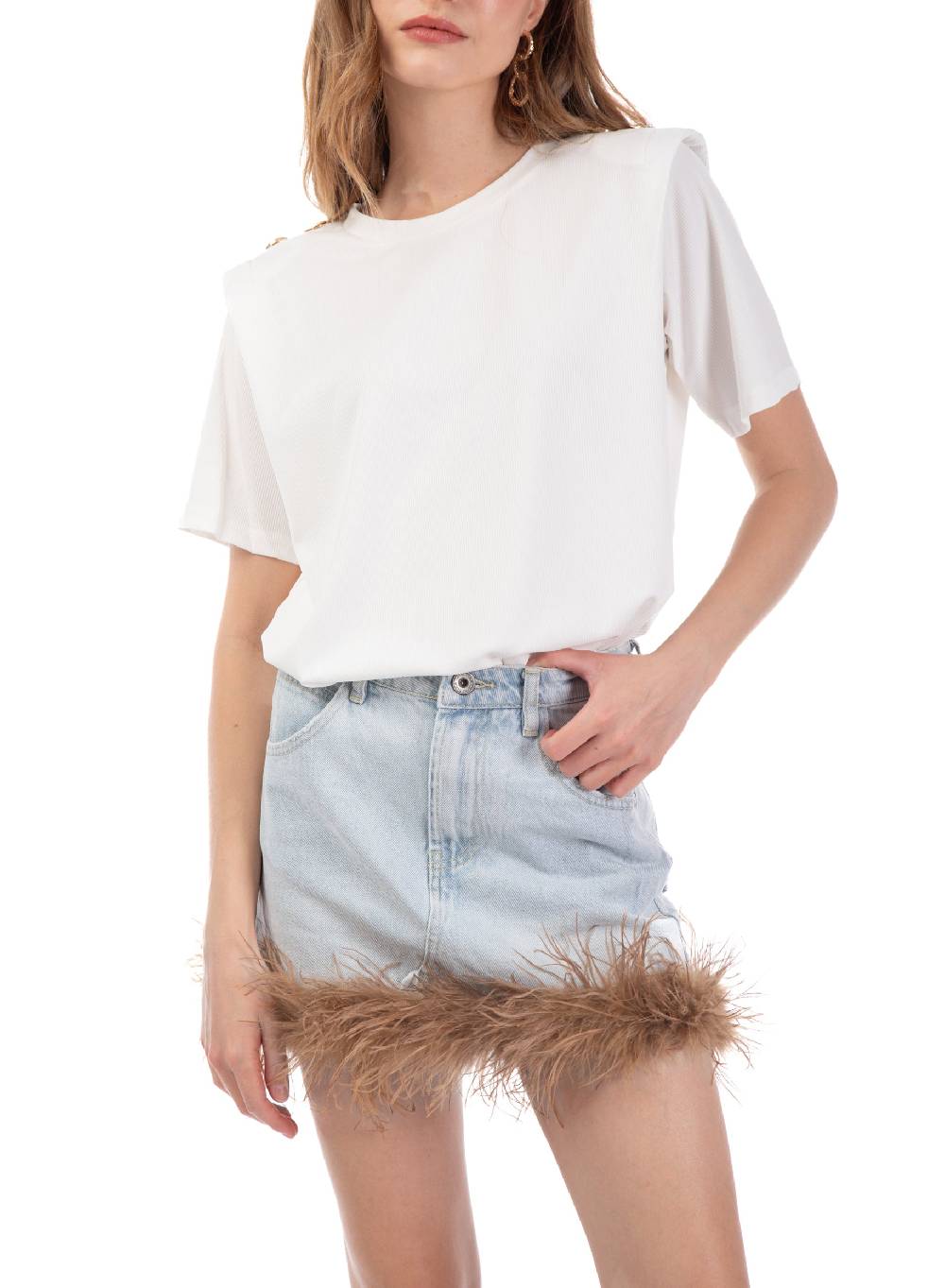 Le Volière Gonna in denim con piume beige Pezzi Unici