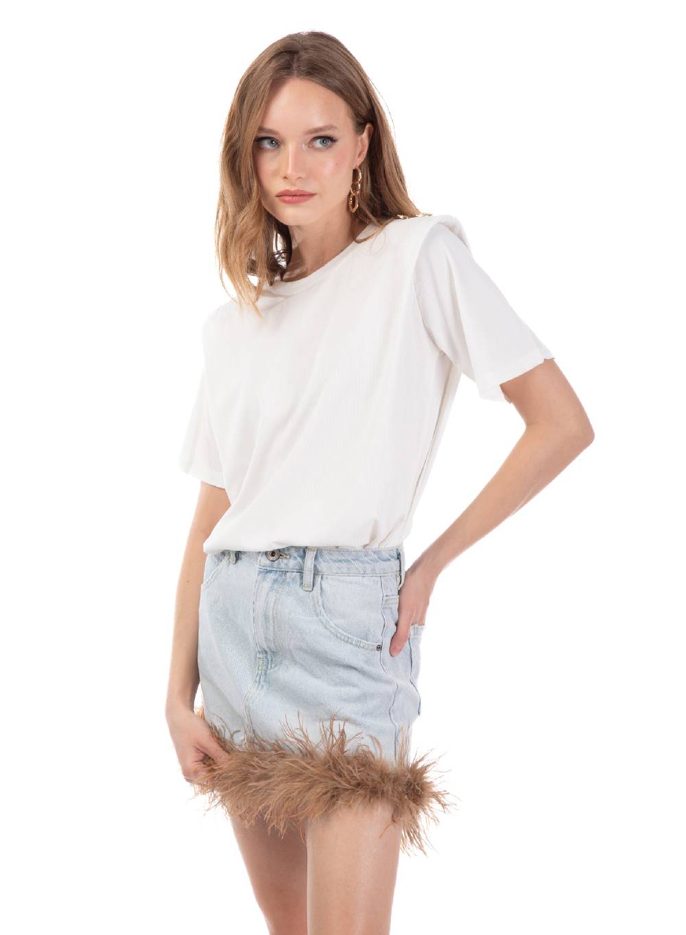 Le Volière Gonna in denim con piume beige Pezzi Unici