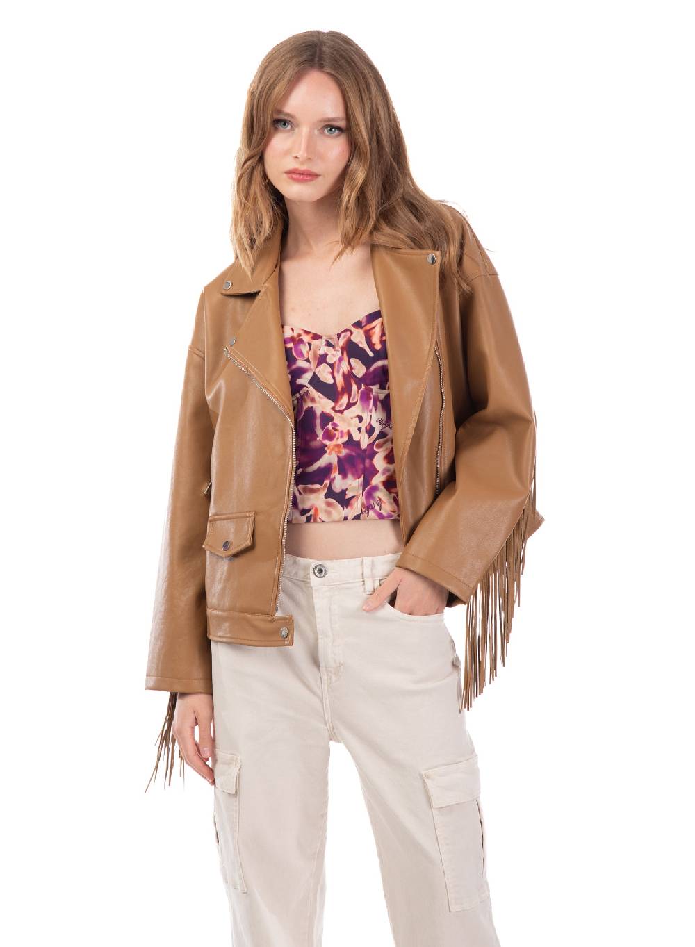 Le Volière Giacca oversize con frange in ecopelle beige Sconto