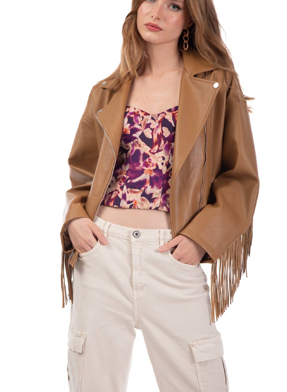Le Volière Giacca oversize con frange in ecopelle beige Sconto