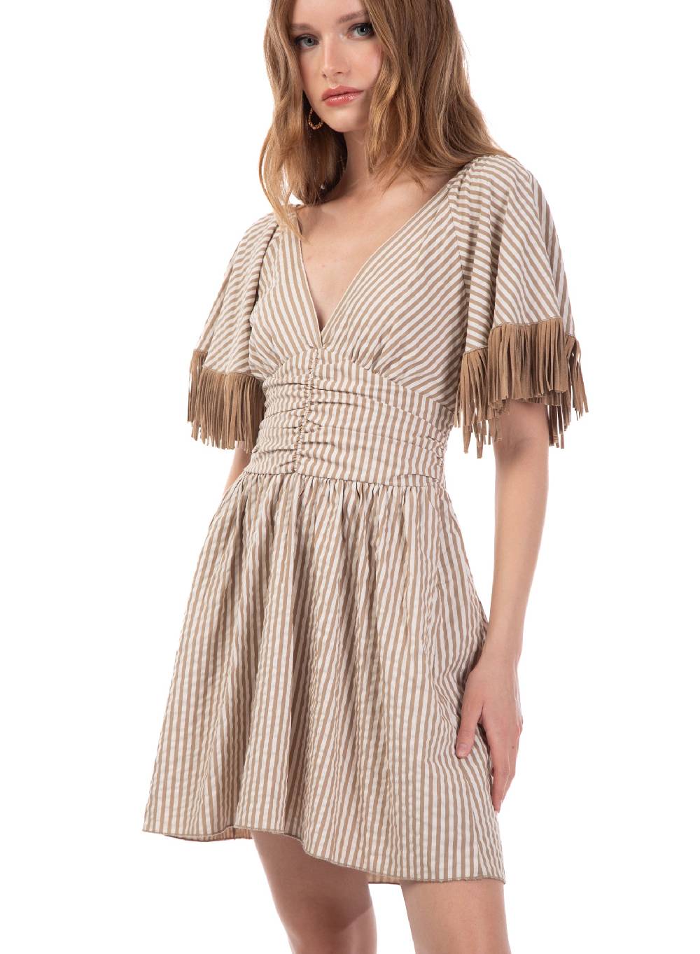 Le Volière Vestito bacchettato beige con frange Negozi Online