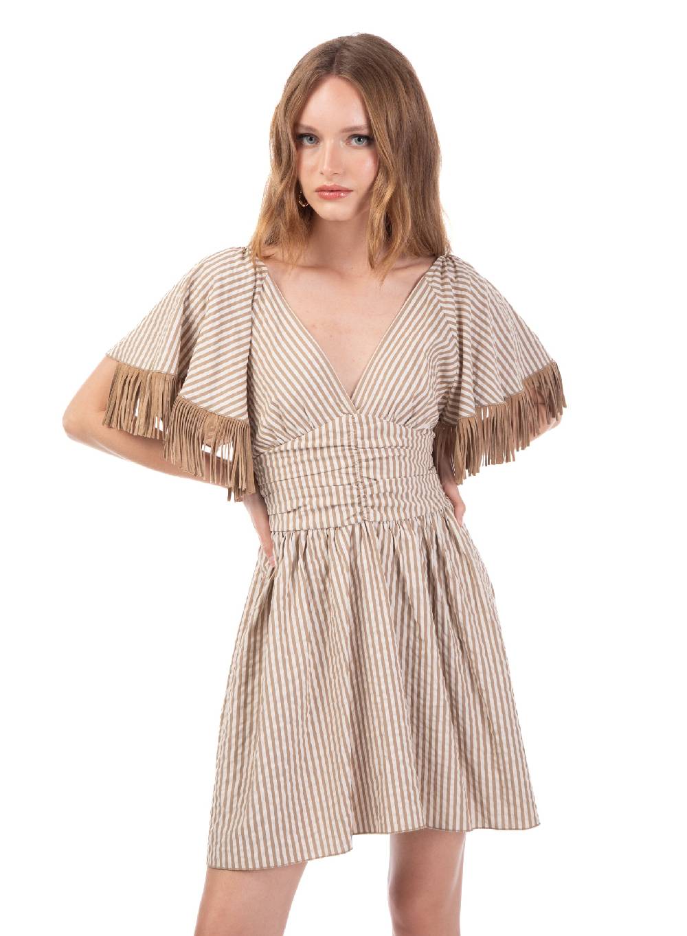 Le Volière Vestito bacchettato beige con frange Negozi Online