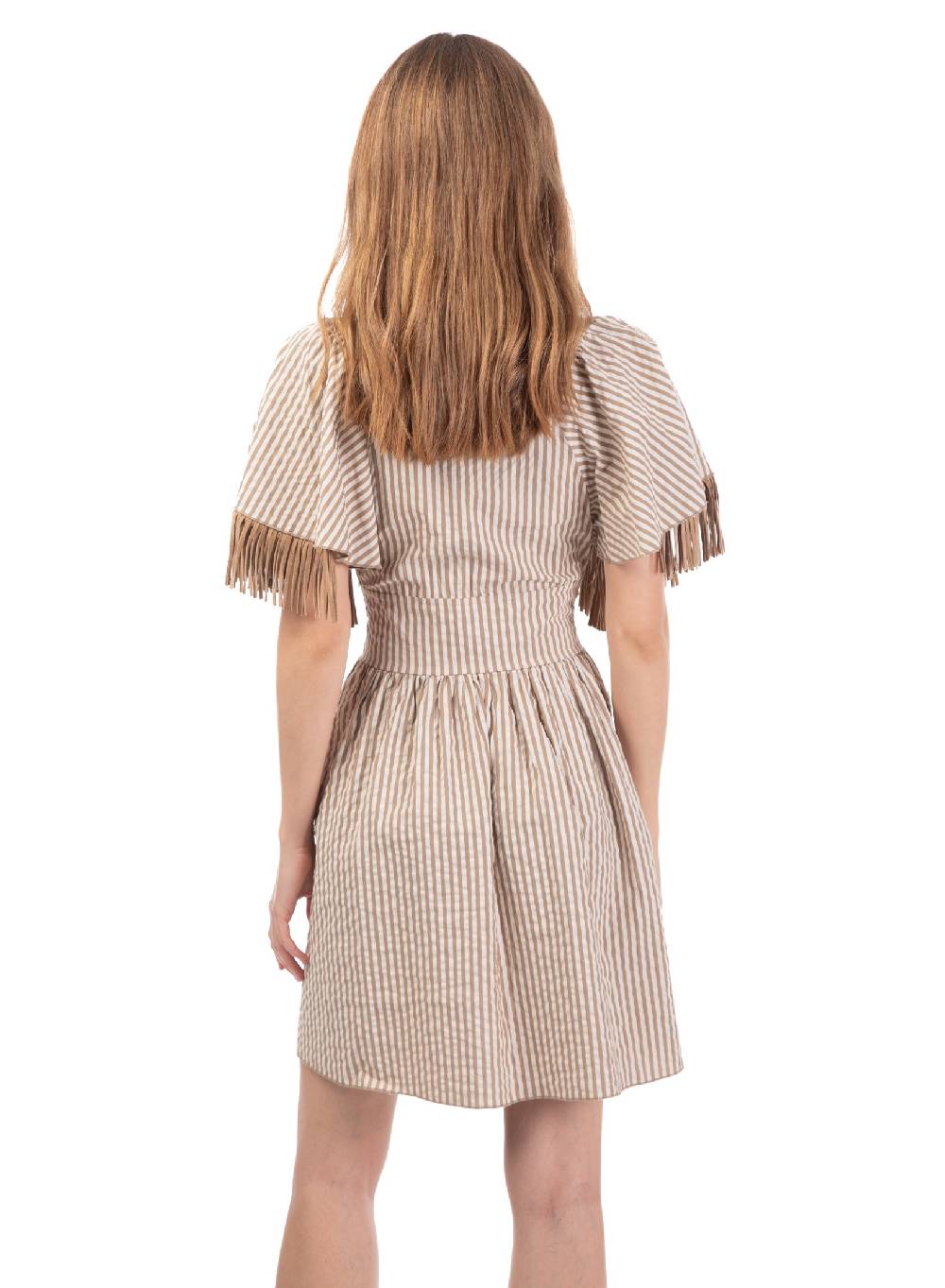 Le Volière Vestito bacchettato beige con frange Negozi Online