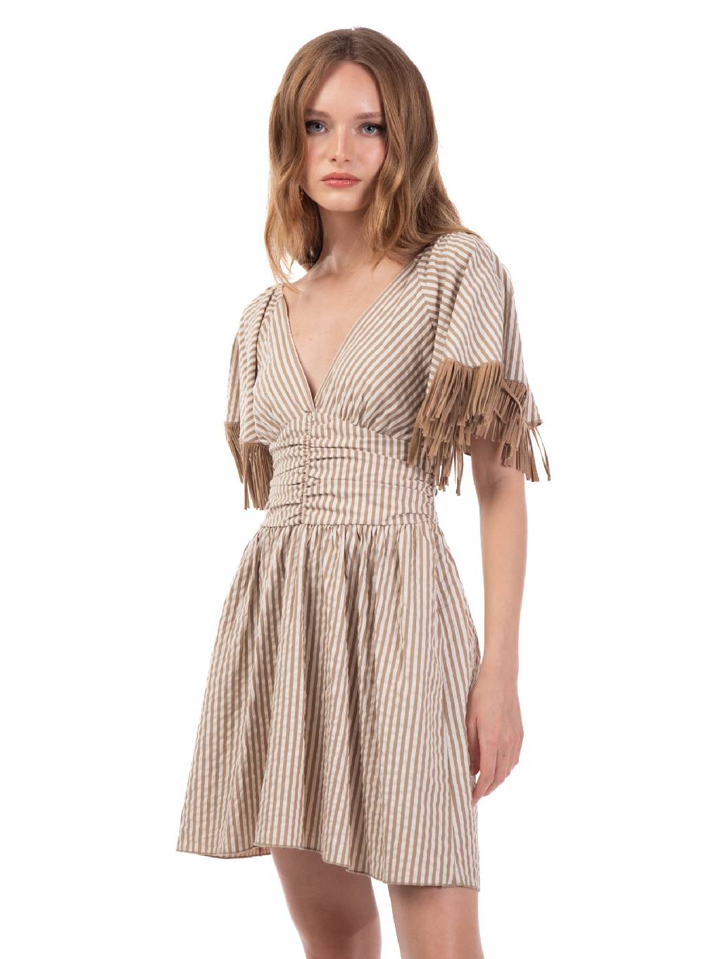 Le Volière Vestito bacchettato beige con frange Negozi Online