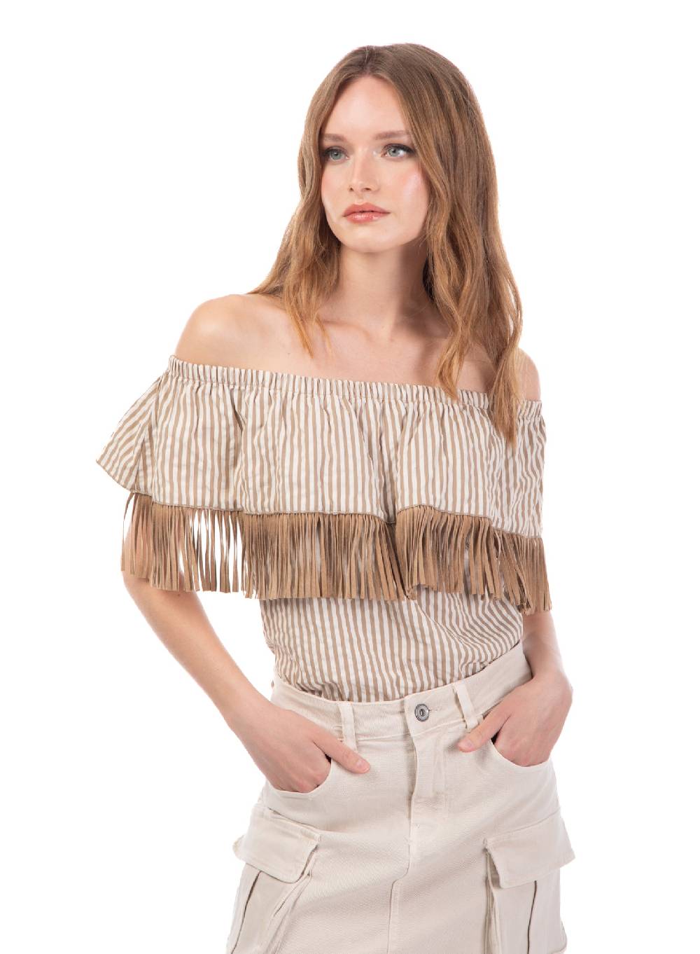 Le Volière Top bacchettato beige con frange Consegna Veloce