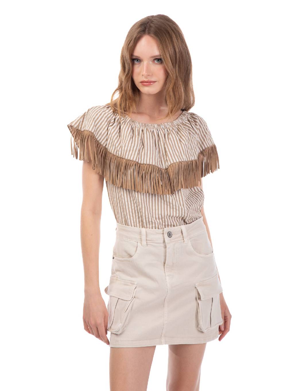 Le Volière Top bacchettato beige con frange Consegna Veloce