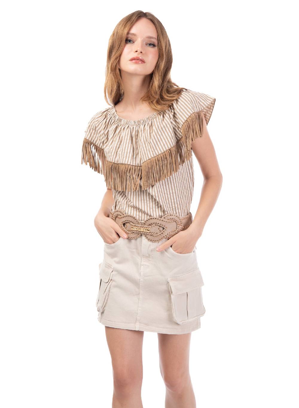 Le Volière Top bacchettato beige con frange Consegna Veloce