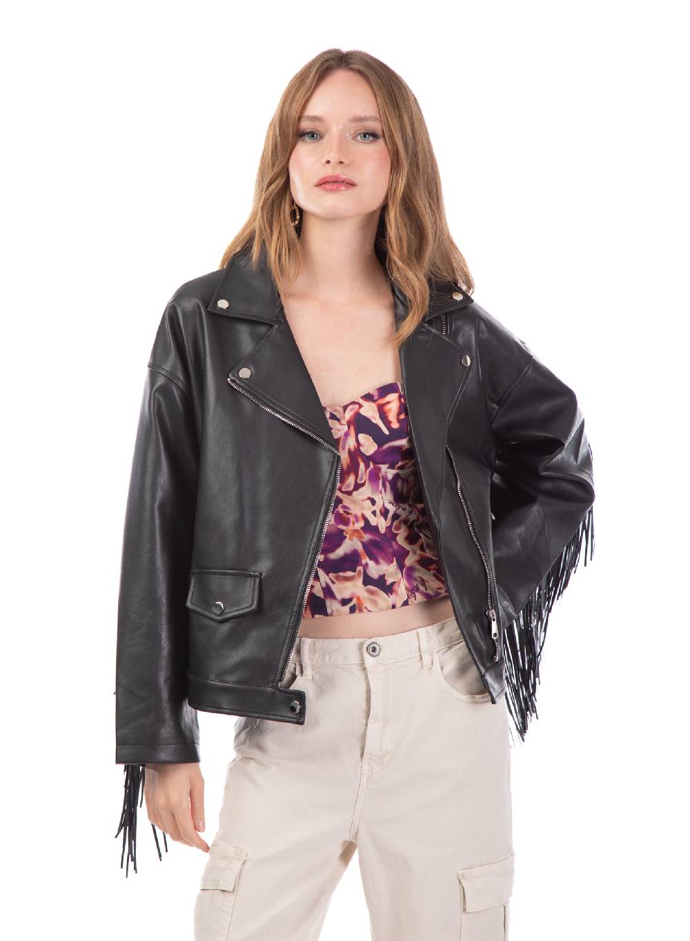 Le Volière Giacca oversize in ecopelle nera con frange Fino Al -60%
