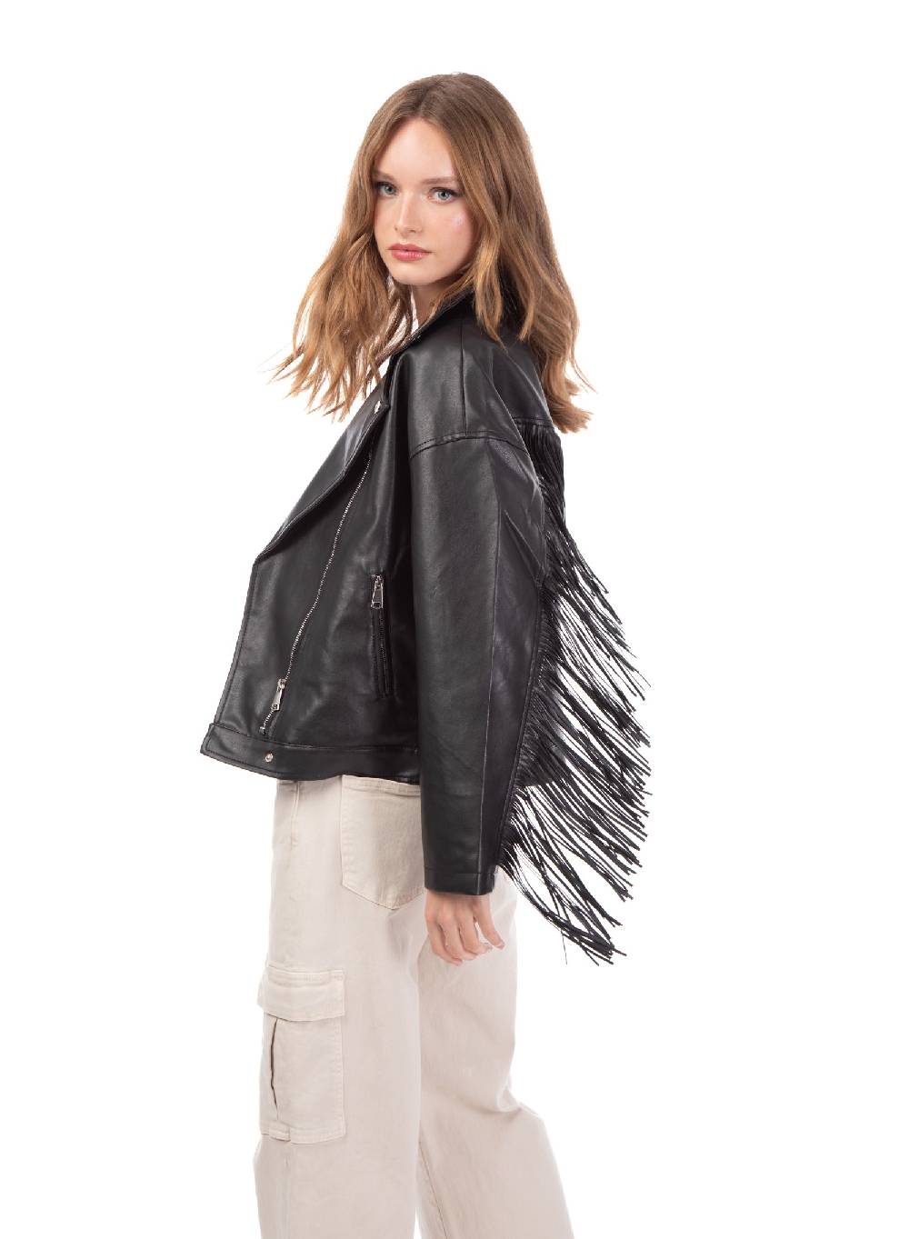 Le Volière Giacca oversize in ecopelle nera con frange Fino Al -60%