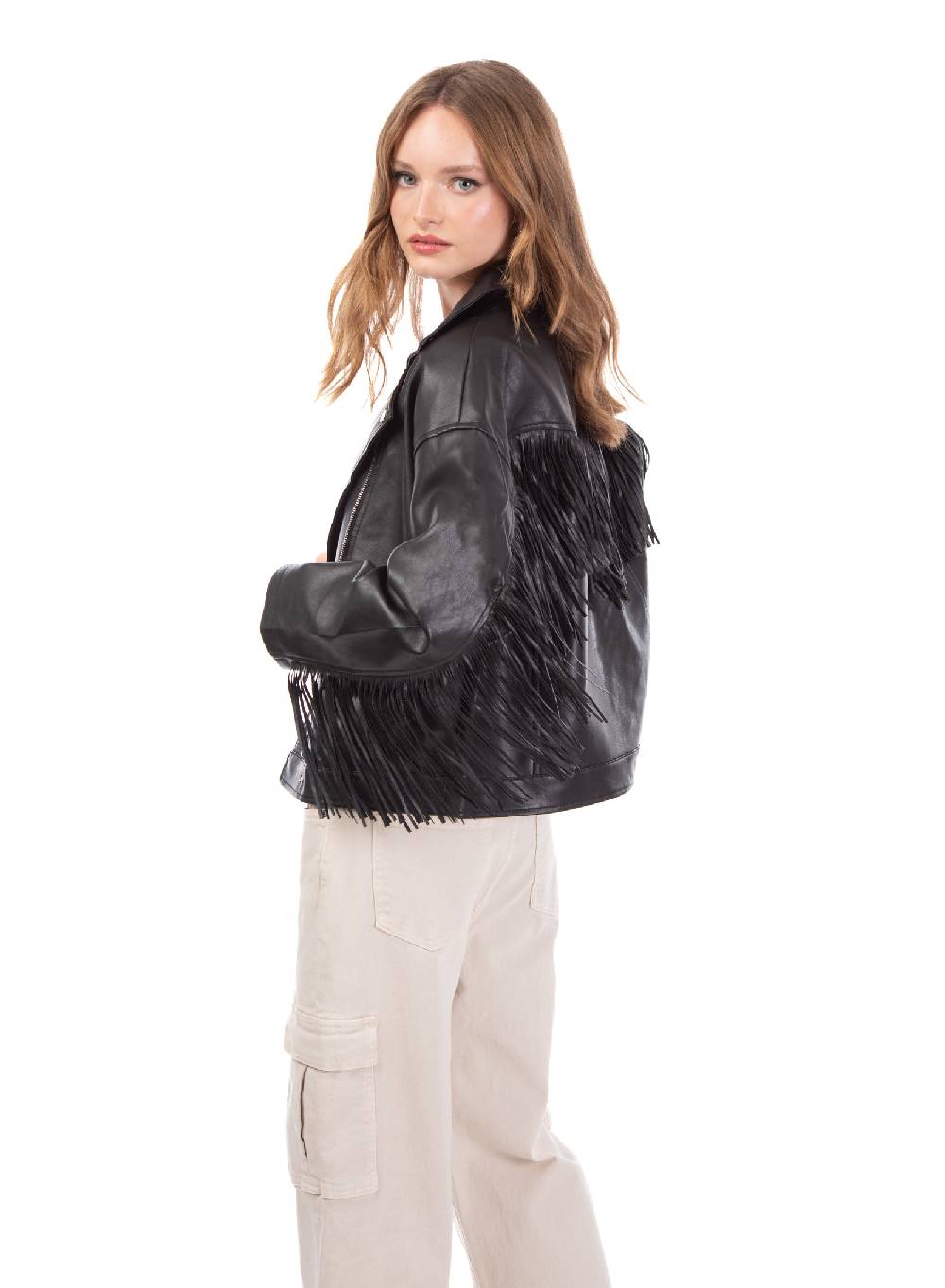 Le Volière Giacca oversize in ecopelle nera con frange Fino Al -60%