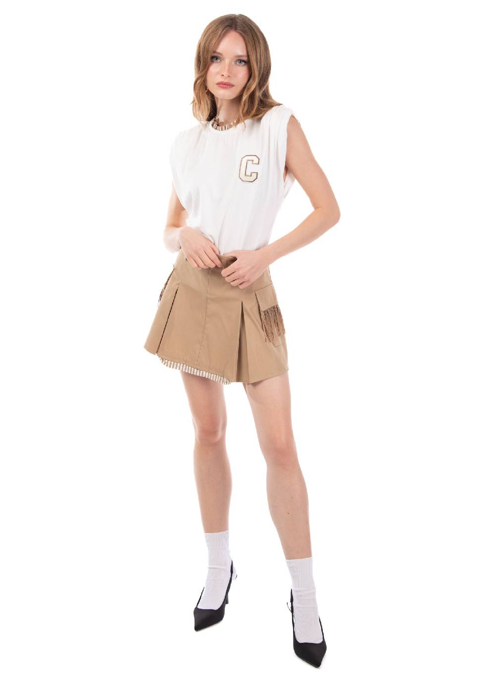 Le Volière T-shirt bianca con spalline arricciate Shopping Online