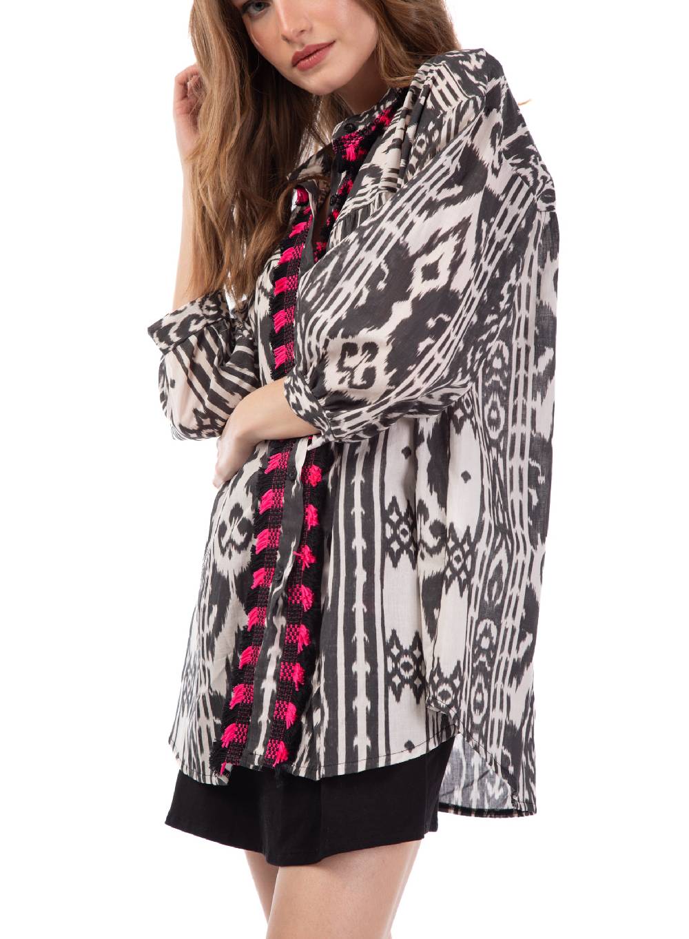 Le Volière Camicia oversize etnica con frange Vendite Flash