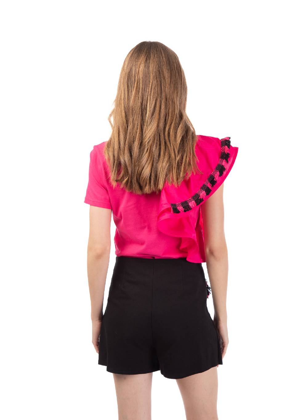 Le Volière T-shirt fucsia con volant e frange Online