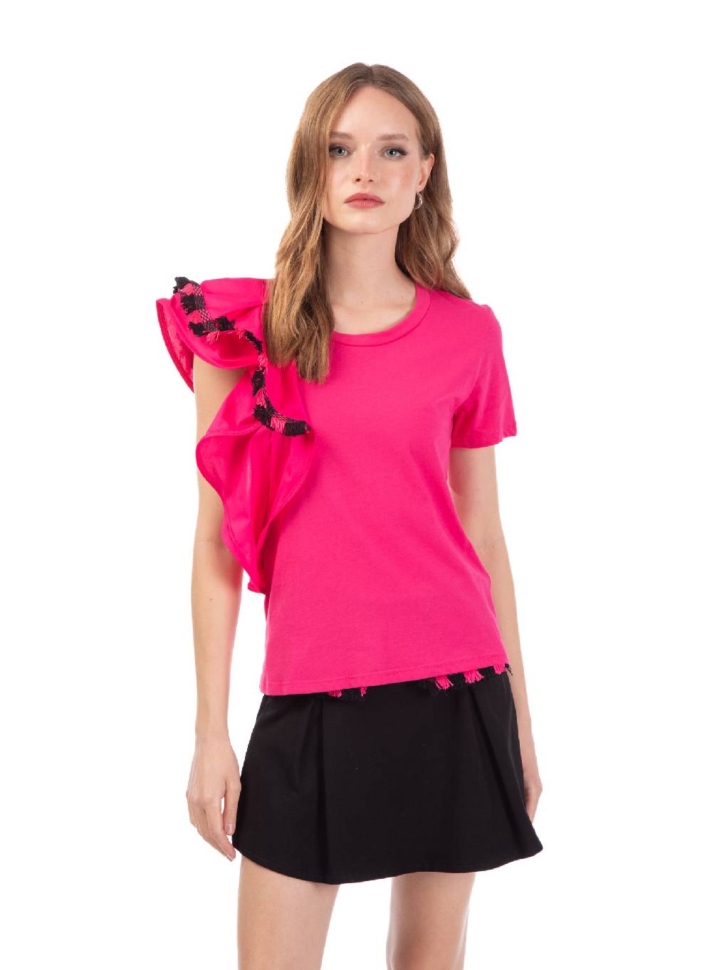 Le Volière T-shirt fucsia con volant e frange Online