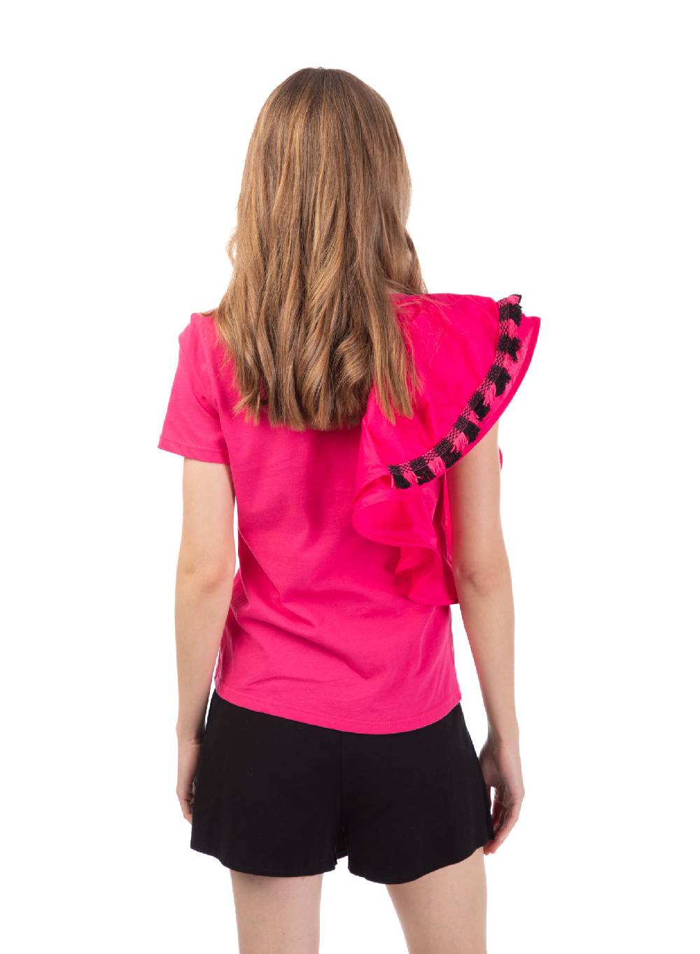 Le Volière T-shirt fucsia con volant e frange Online