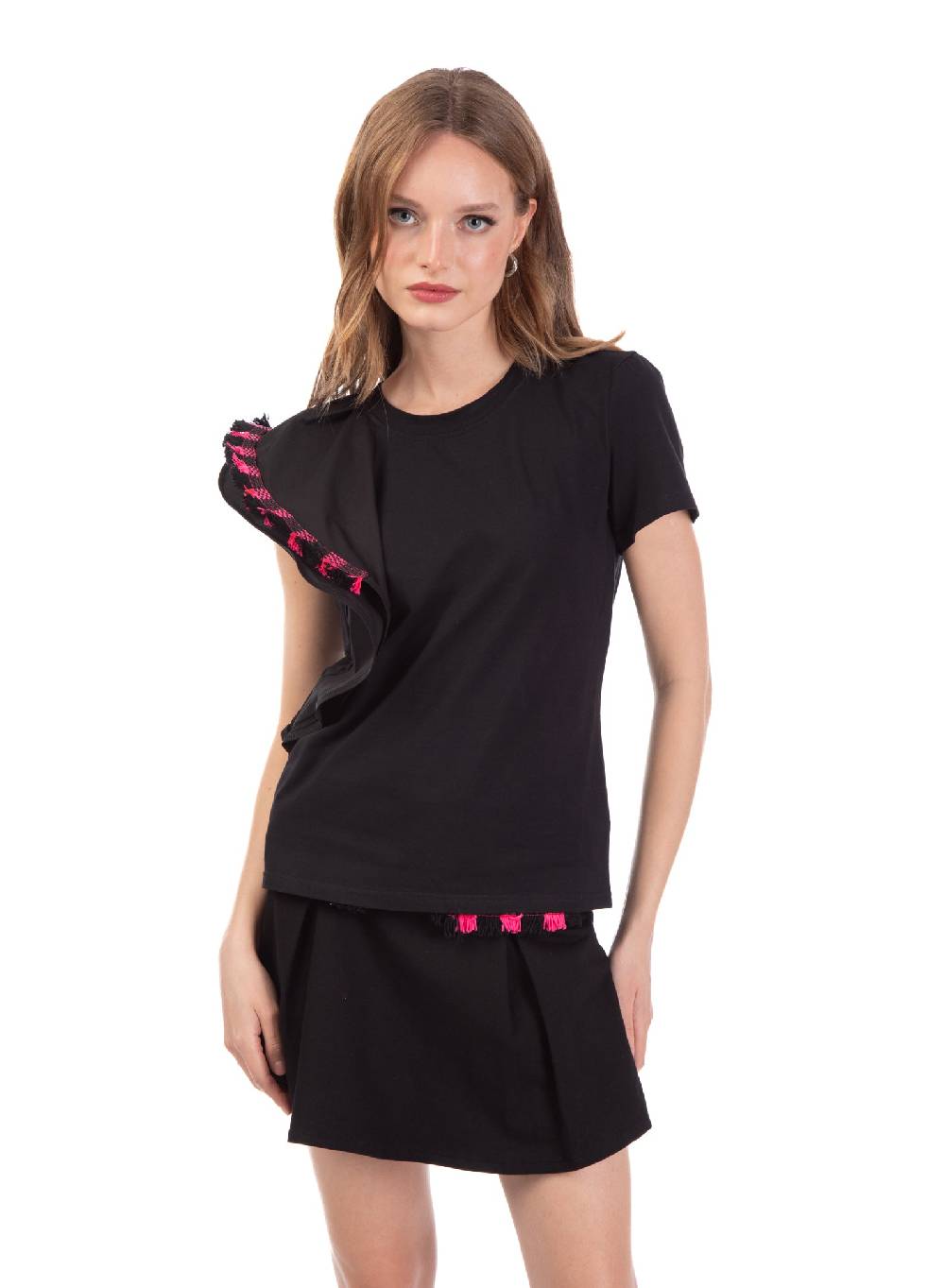 Le Volière T-shirt nera con volant e frange In Vendita