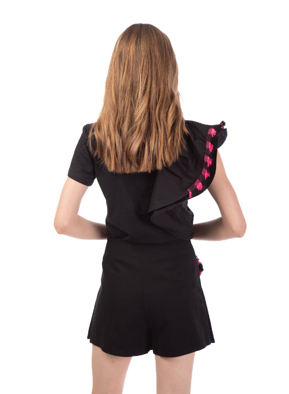 Le Volière T-shirt nera con volant e frange In Vendita
