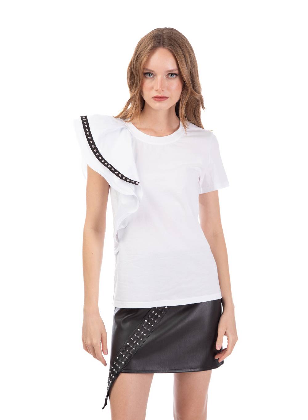Le Volière T-shirt bianca con volant e borchie Vendita Calda