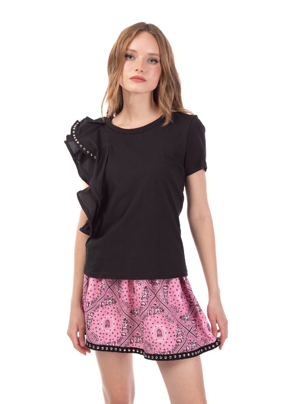 Le Volière T-shirt nera con volant e borchie Saldi Di Fabbrica