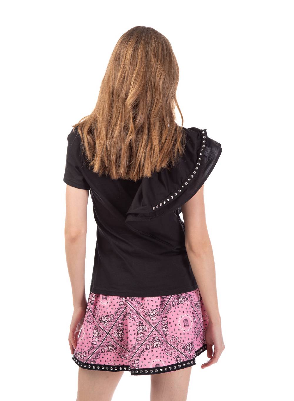 Le Volière T-shirt nera con volant e borchie Saldi Di Fabbrica