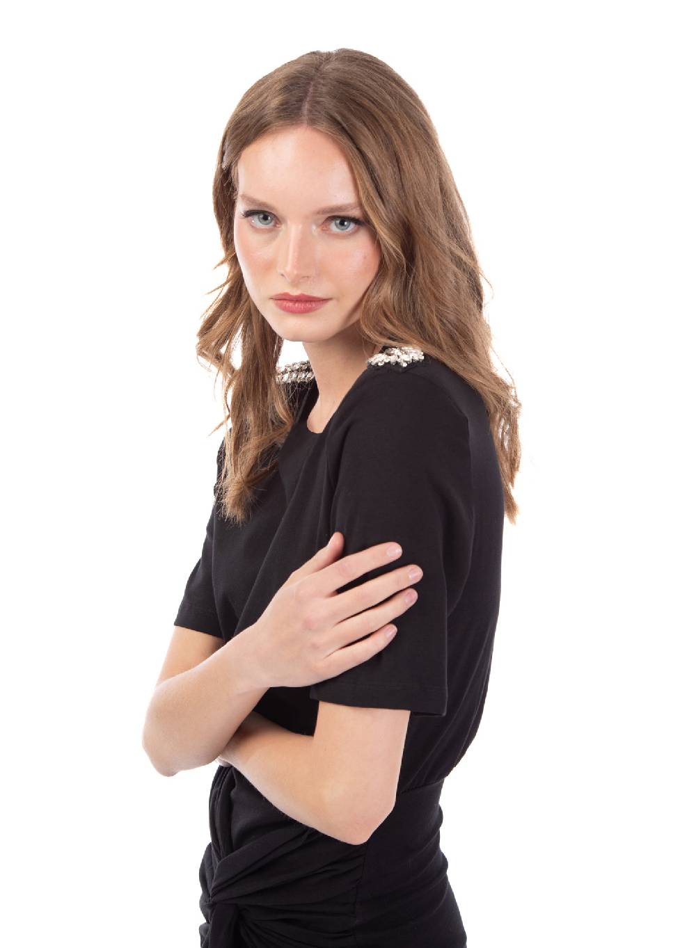 Le Volière Vestito in jersey nero con strass Moda