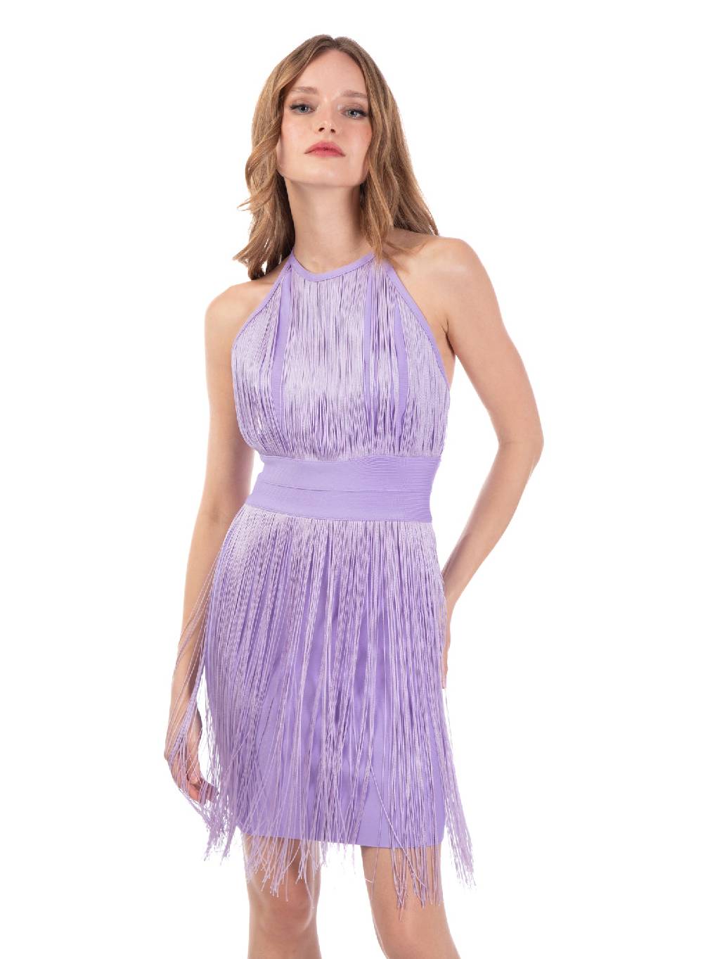 Le Volière Vestito di frange lilla con scollo all'americana Negozi Online