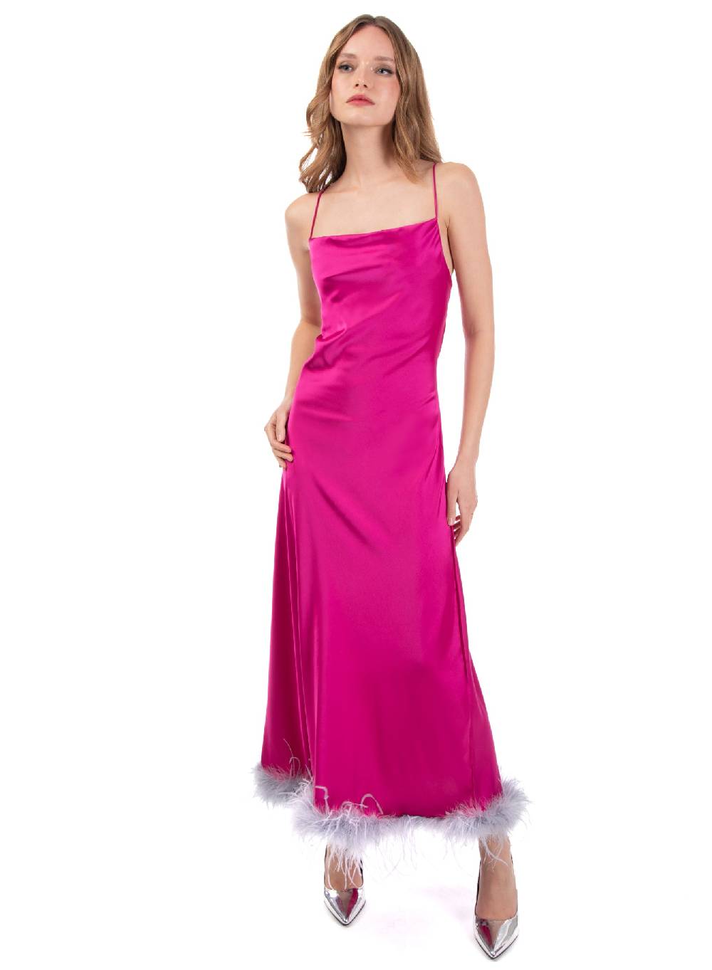 Le Volière Vestito slip dress lungo fucsia con piume Fino Al -60%