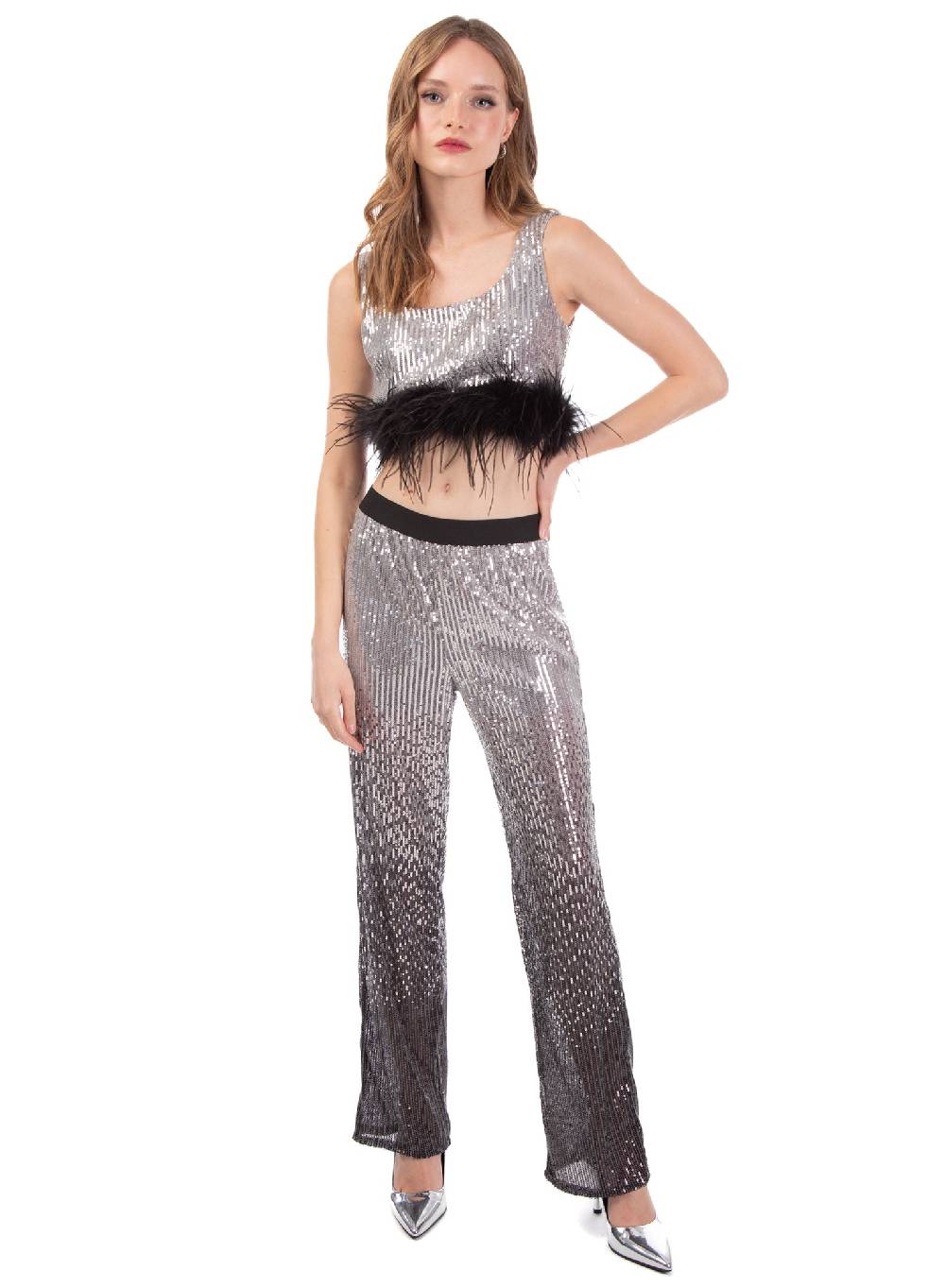 Le Volière Pantalone di paillettes argento degradè Affare Del Giorno