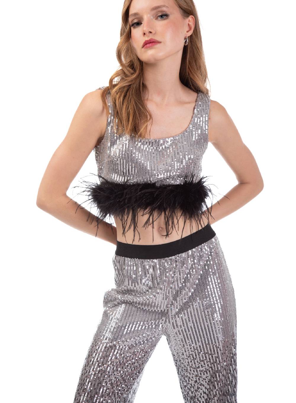 Le Volière Pantalone di paillettes argento degradè Affare Del Giorno