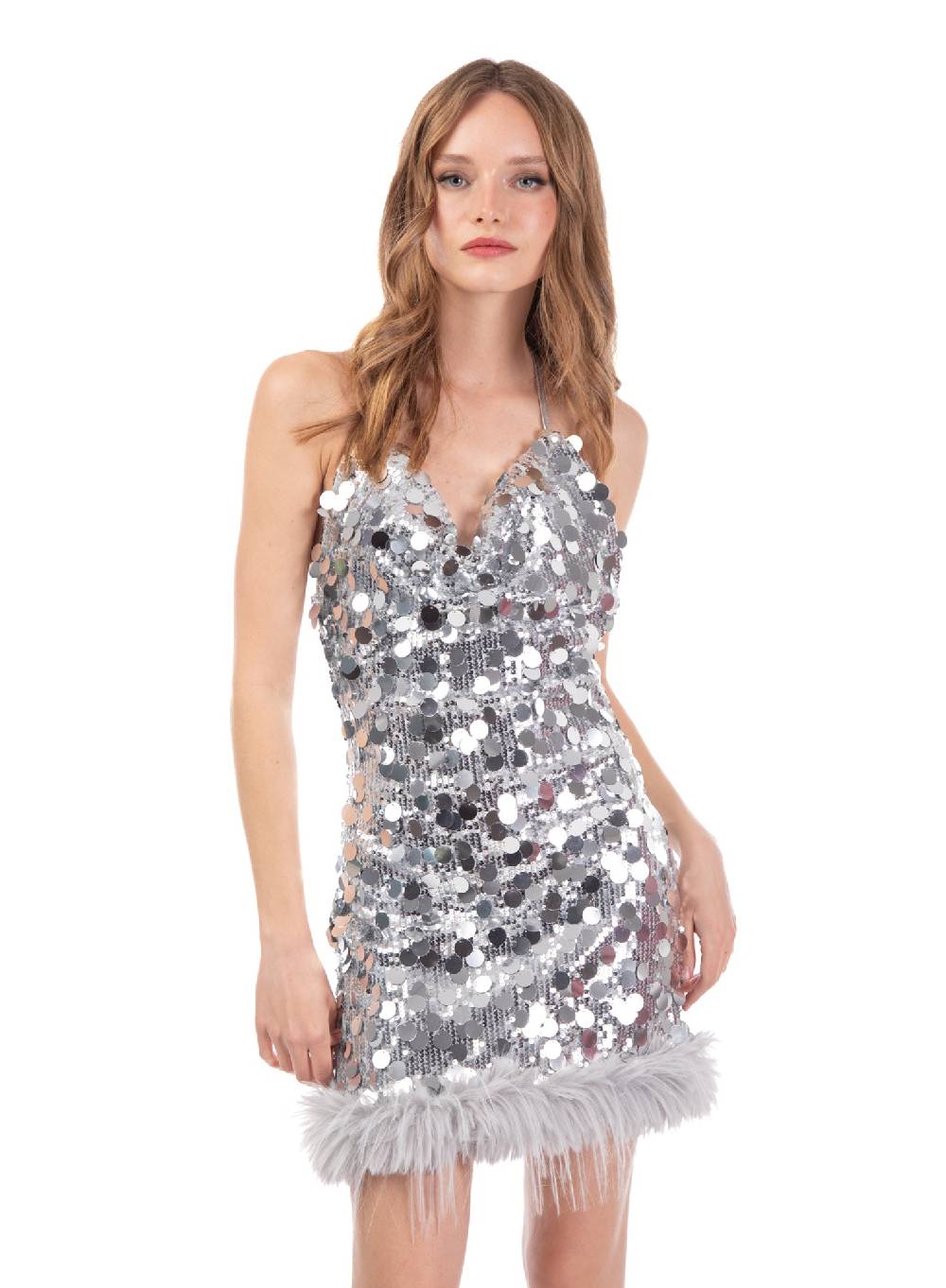 Le Volière Vestito di paillettes argento con piume Convenienza