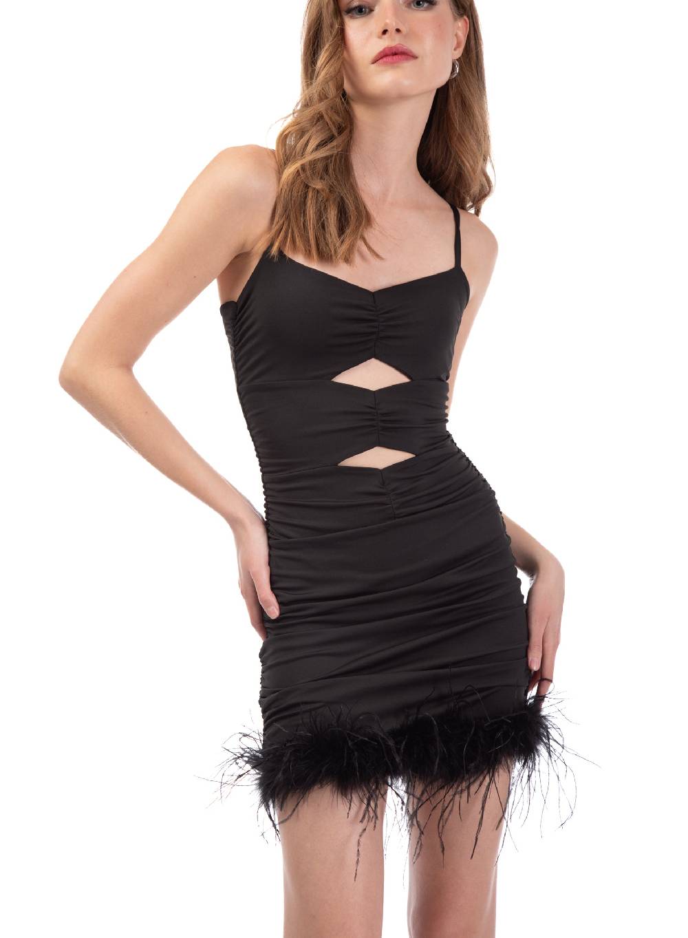 Le Volière Vestito elasticizzato nero con piume Presa