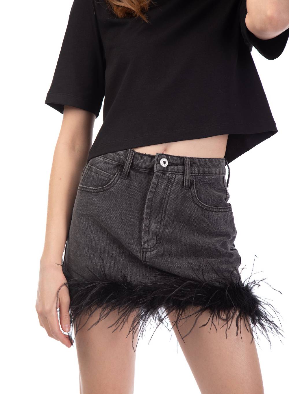 Le Volière gonna in denim grigia con piume Sconto